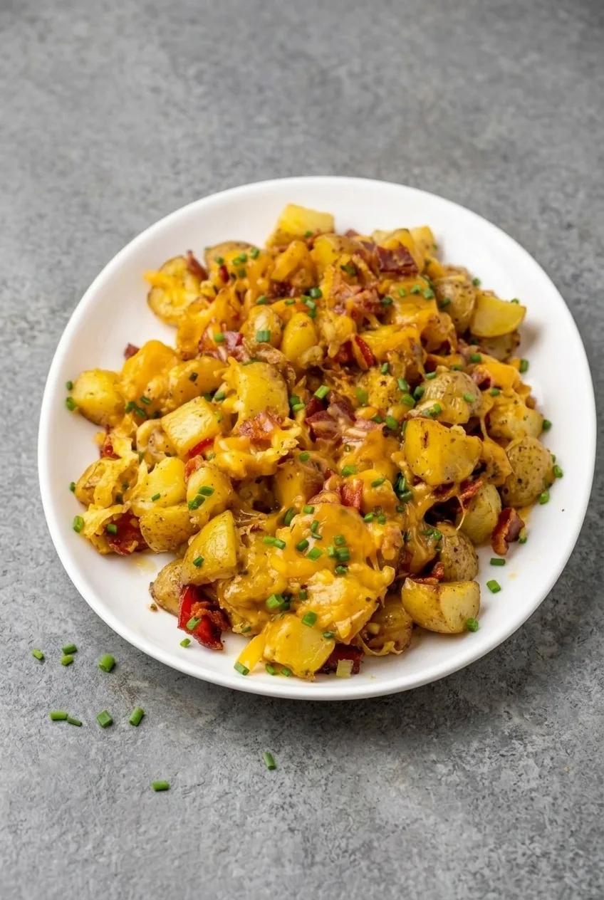 Full platter of cheesy ranch roasted potatoes with bacon and chives on a gray surface