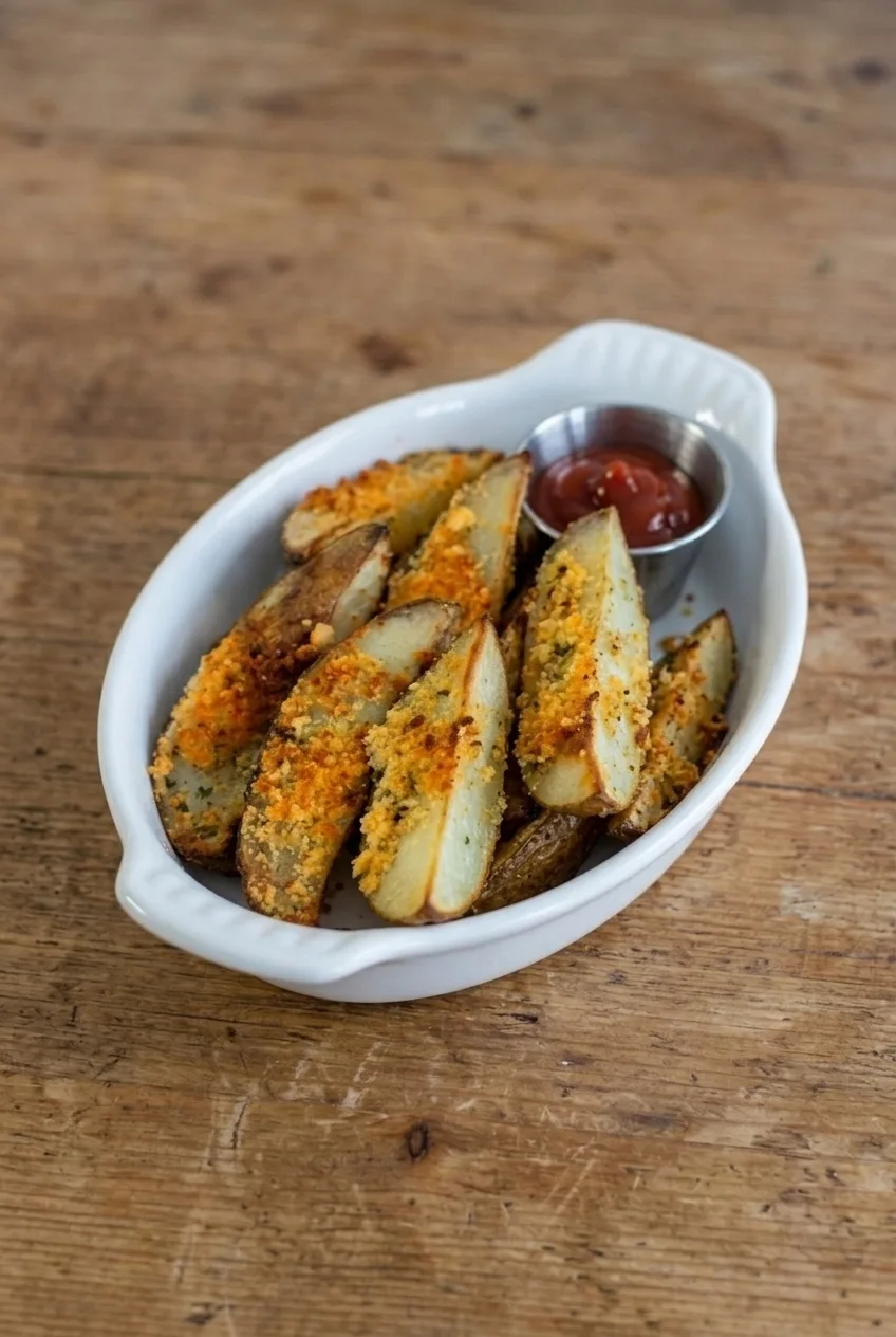 Full dish of baked garlic Parmesan potato wedges on a tabletop, with a small cup of ketchup beside them
