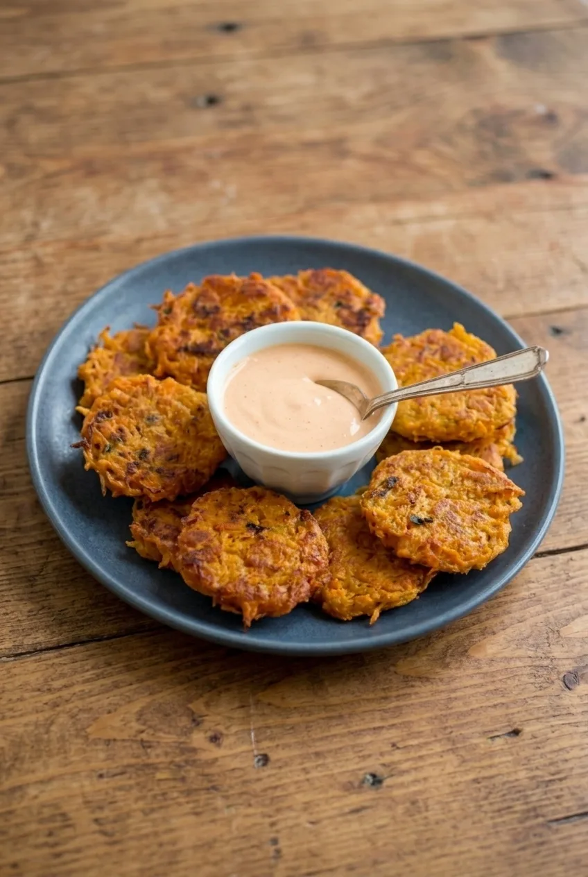 Full plate of sweet potato fritters surrounding a small bowl of pale peach sriracha mayo