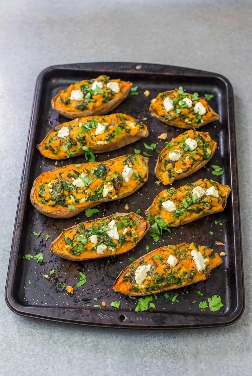 Full baking sheet of eight finished spinach and garlic sweet potato boats on a neutral surface