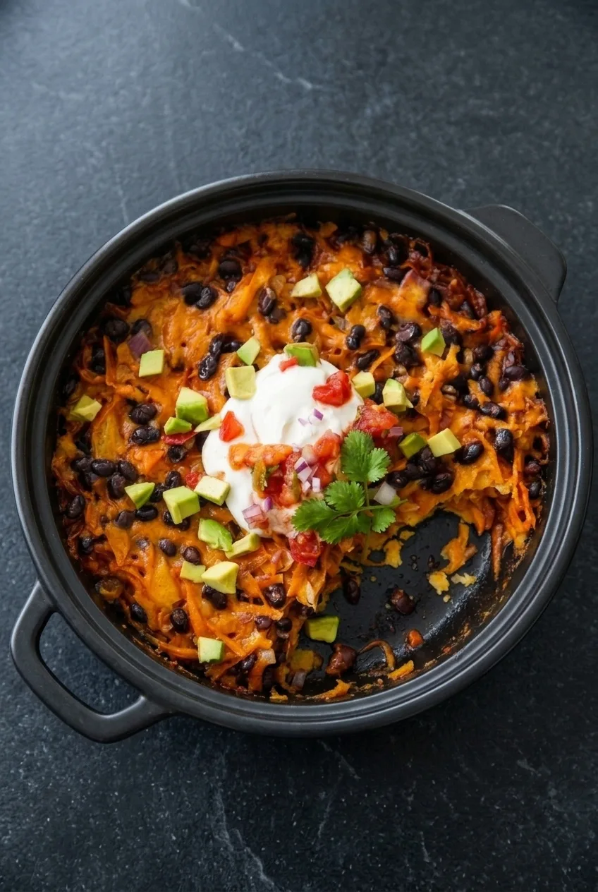 Full black skillet of sweet potato black bean casserole on a dark surface with fresh toppings near the center
