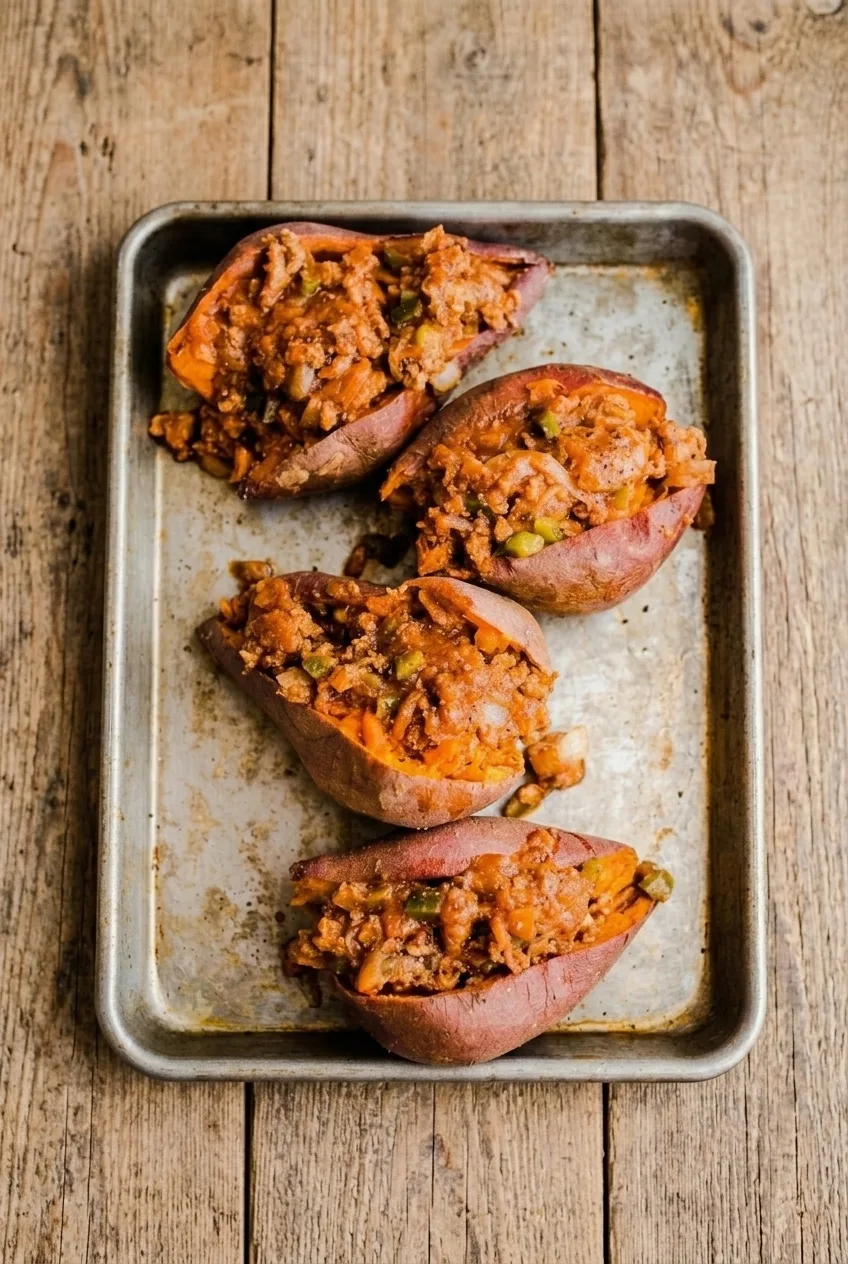 Wider view of four stuffed sweet potato boats arranged on a rimmed baking sheet