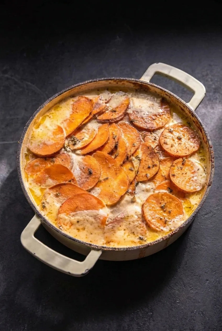 Full round casserole of scalloped sweet potatoes on a dark surface, with orange rounds and visible cream