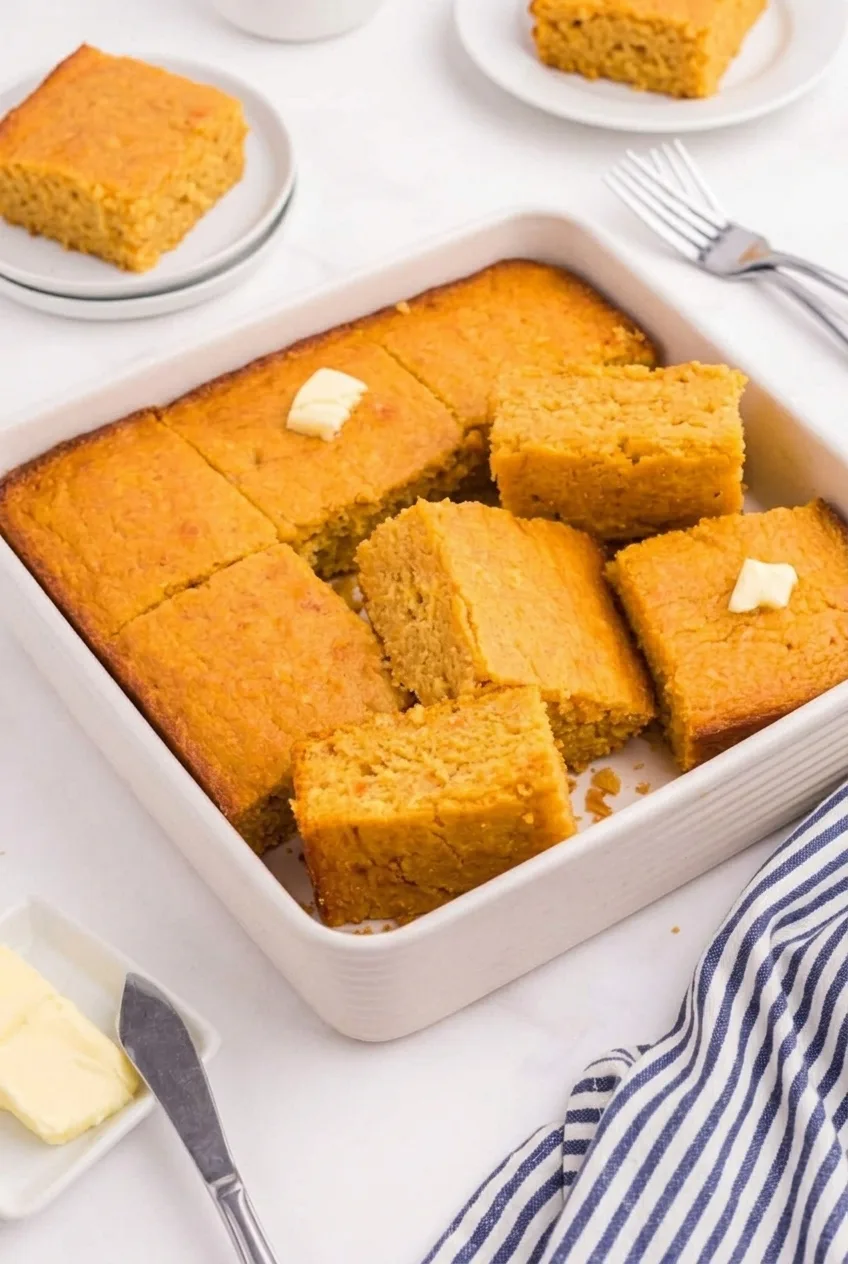Wider view of the square baking dish filled with cut sweet potato cornbread and two butter-topped pieces