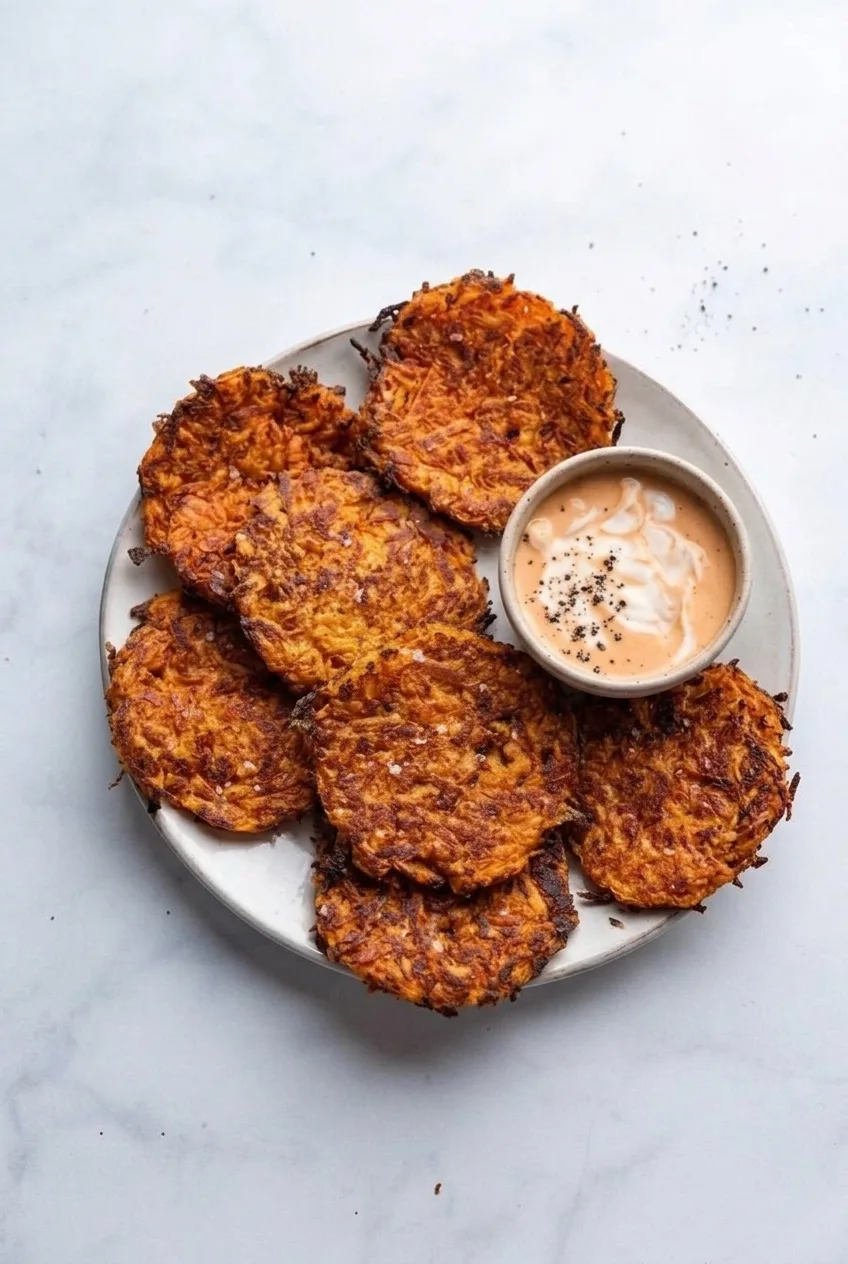 Full plate of sweet potato hash browns and creamy dip on a pale stone surface