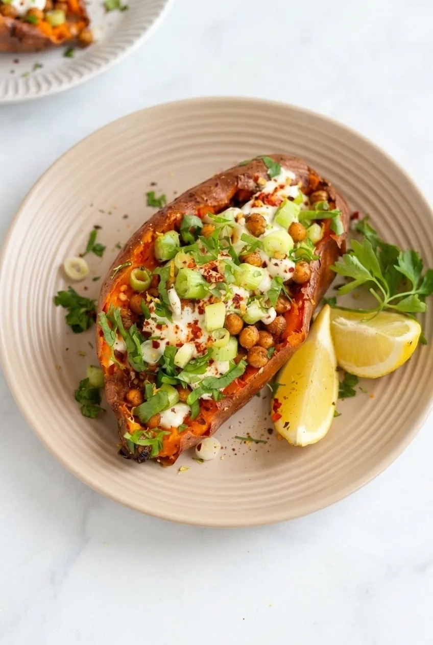 Whole chickpea-stuffed sweet potato and lemon wedges on a plate in a wider tabletop view