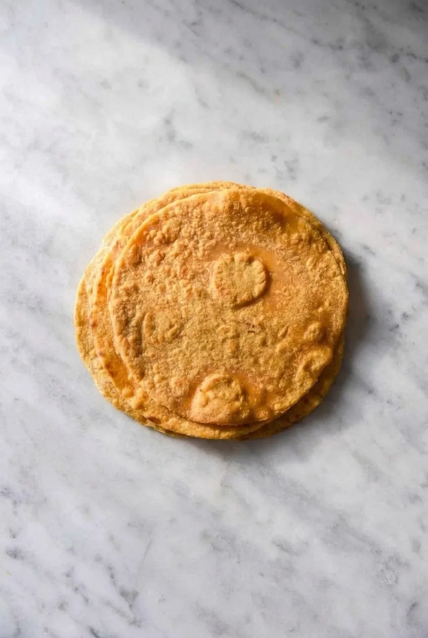 Complete stack of sweet potato tortillas on pale stone with space around the serving