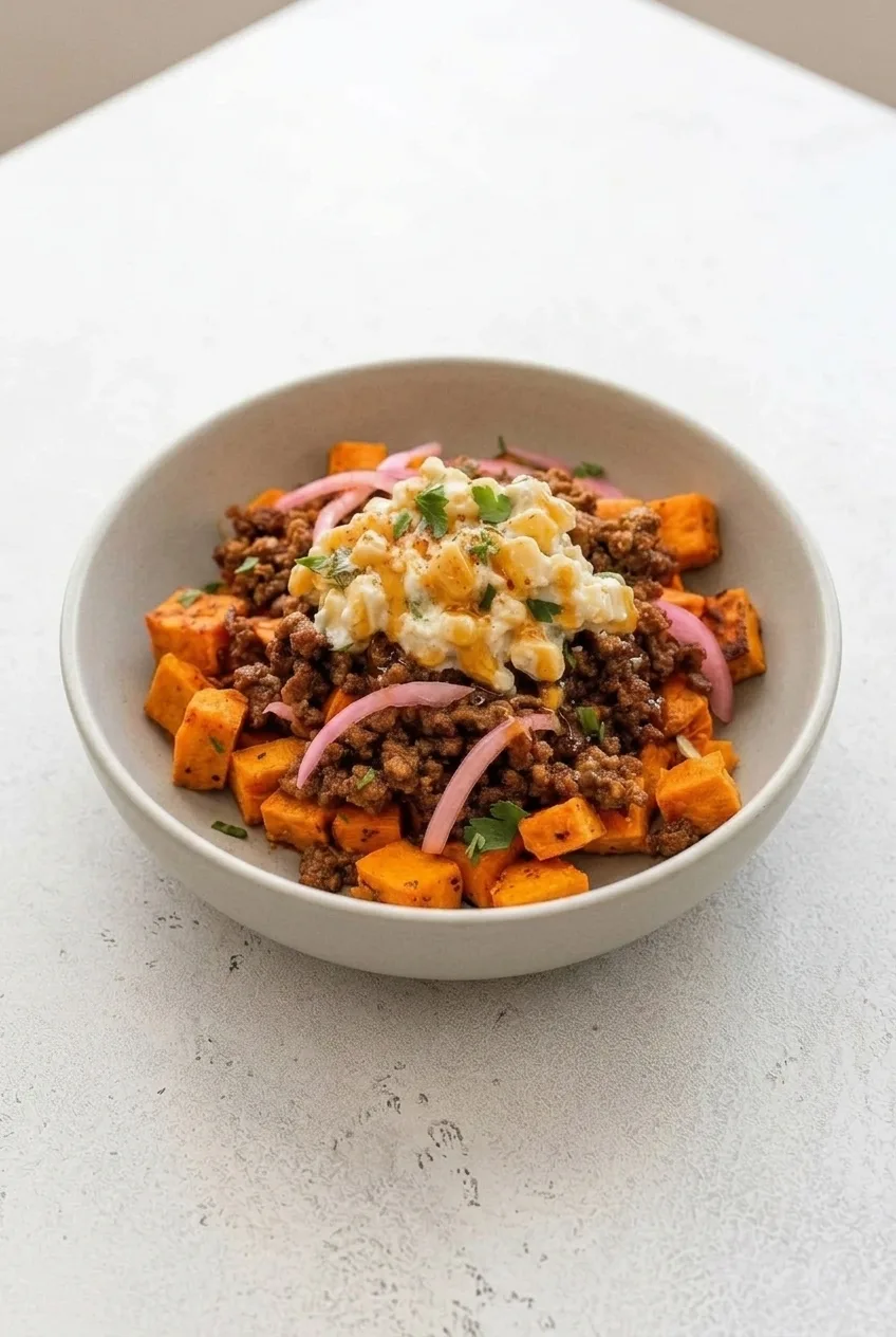 Complete Mexican street corn sweet potato bowl on a neutral tabletop