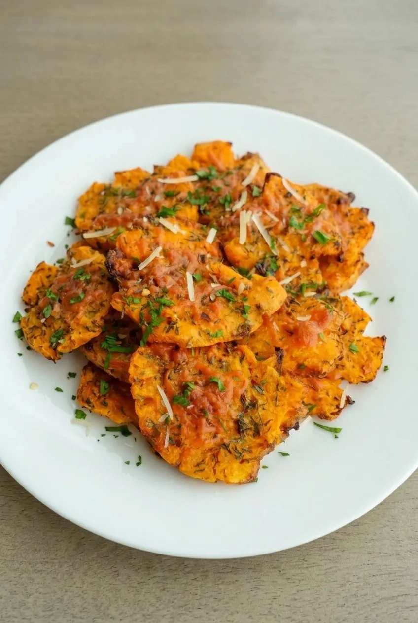Full plate of Parmesan smashed sweet-potato rounds on a neutral tabletop