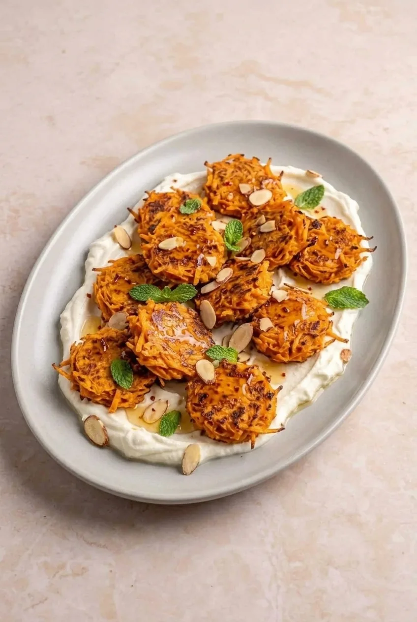 Full platter of sweet potato fritters over whipped feta with honey, almonds, and mint