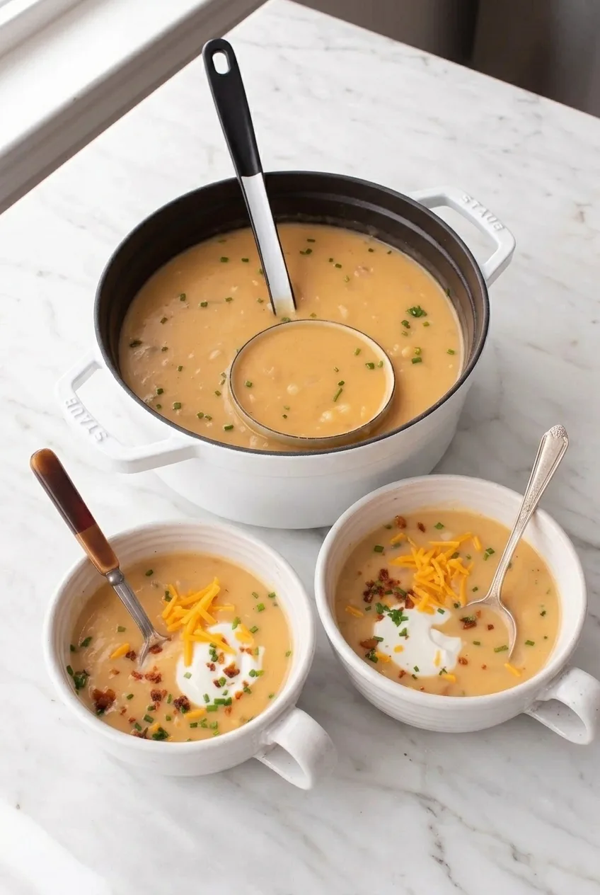 Wide view of a pot of apple cheddar sweet potato soup and two garnished white serving bowls