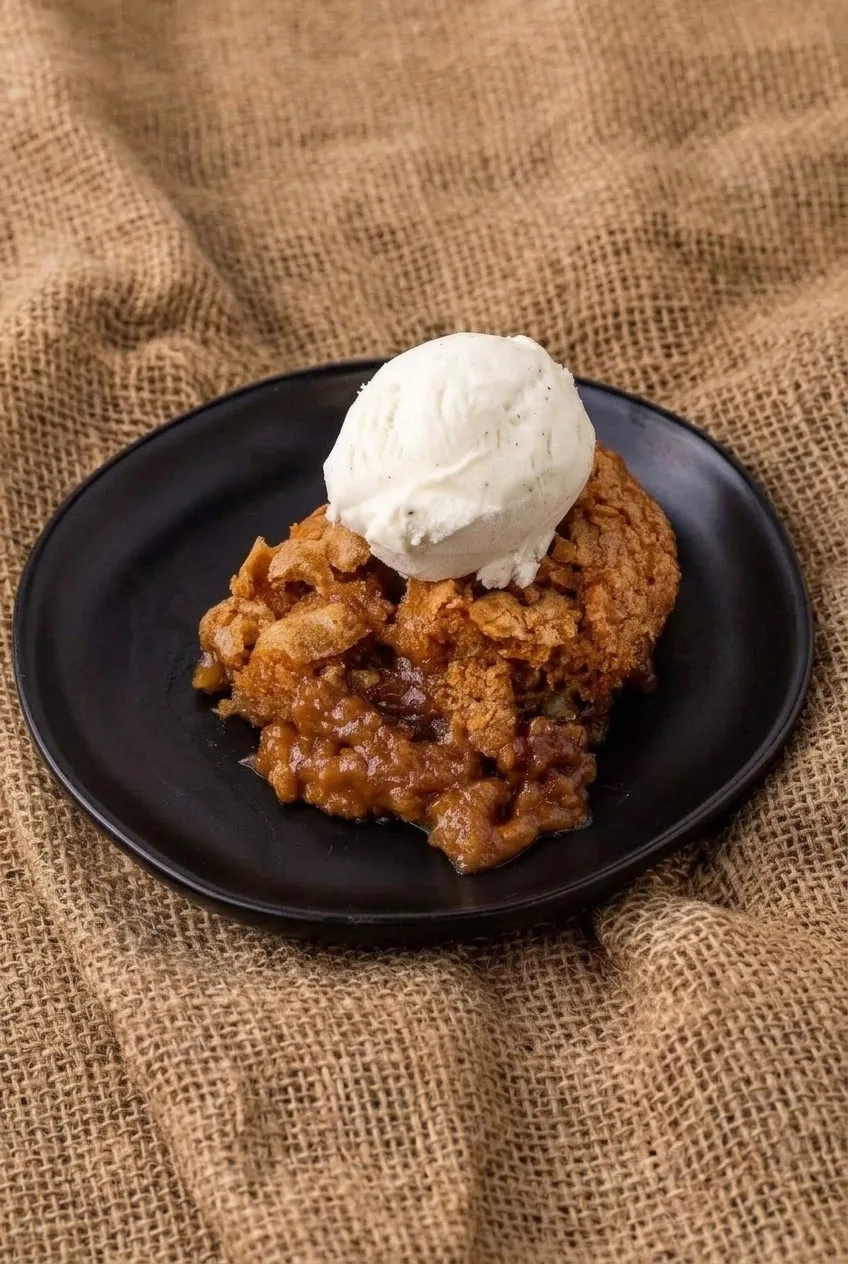 Full dark plate of sweet potato cobbler topped with vanilla ice cream on a neutral table surface