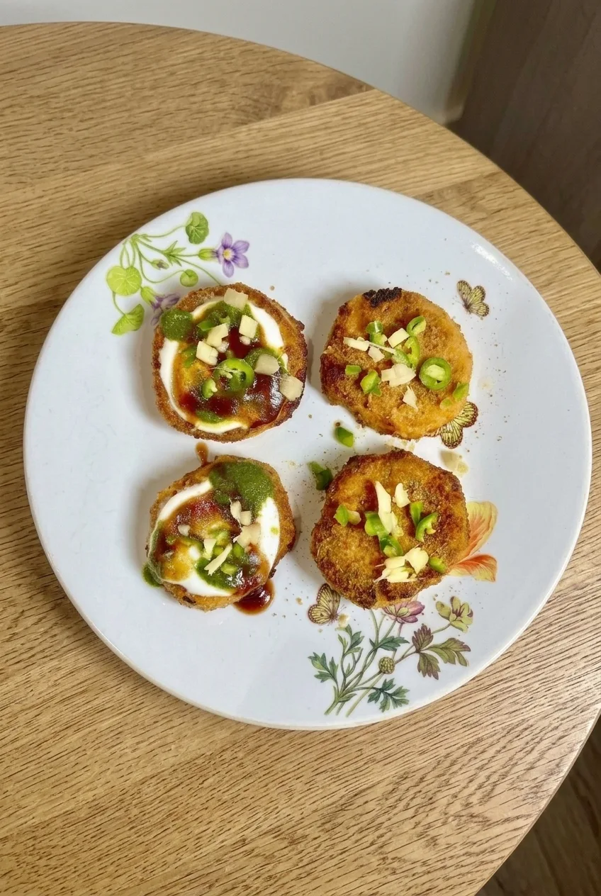 Full plate of four sweet potato chaat rounds, partly dressed with yogurt and chutneys