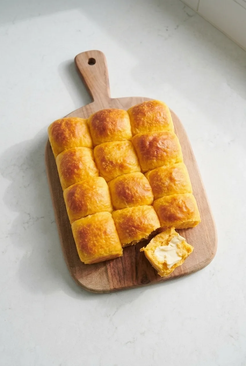 Wider view of the pull-apart sweet potato rolls and a buttered serving piece on a wooden board