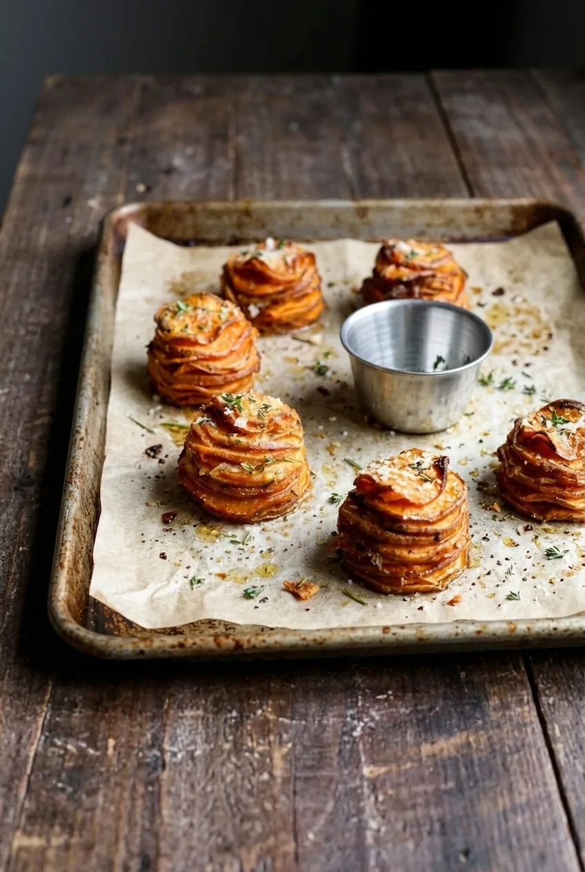 Wider view of sweet potato stacks arranged on a parchment-lined serving tray