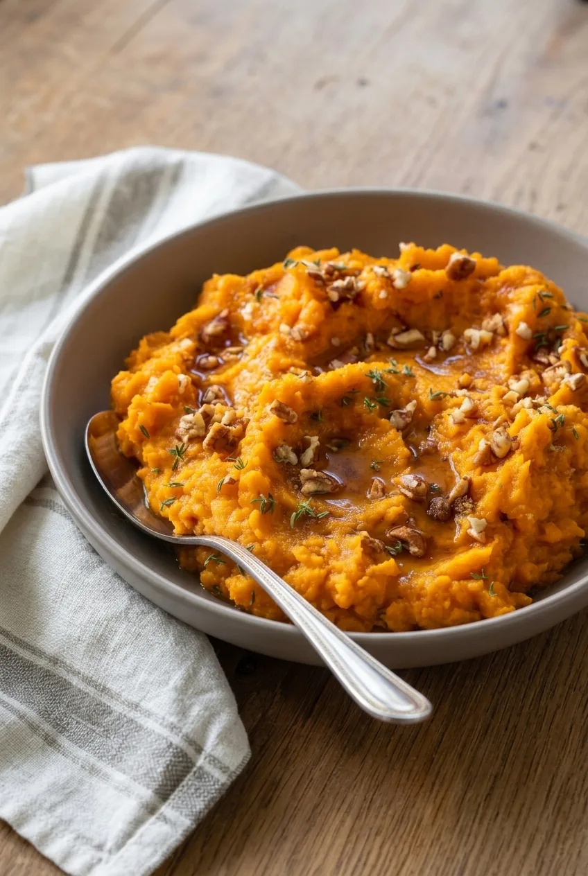 Full bowl of savory whipped sweet potatoes with brown butter, pecans, and thyme on a wood table