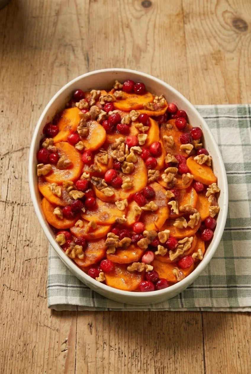 Complete oval dish of cranberry apple sweet potato bake on a wooden table