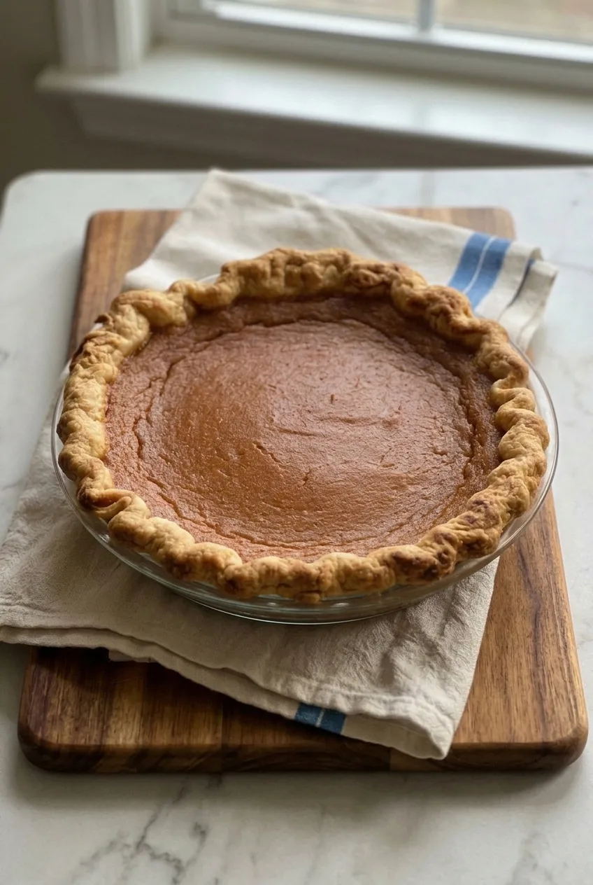 Whole sweet potato pie in its dish, surrounded by pale linen and a wooden table