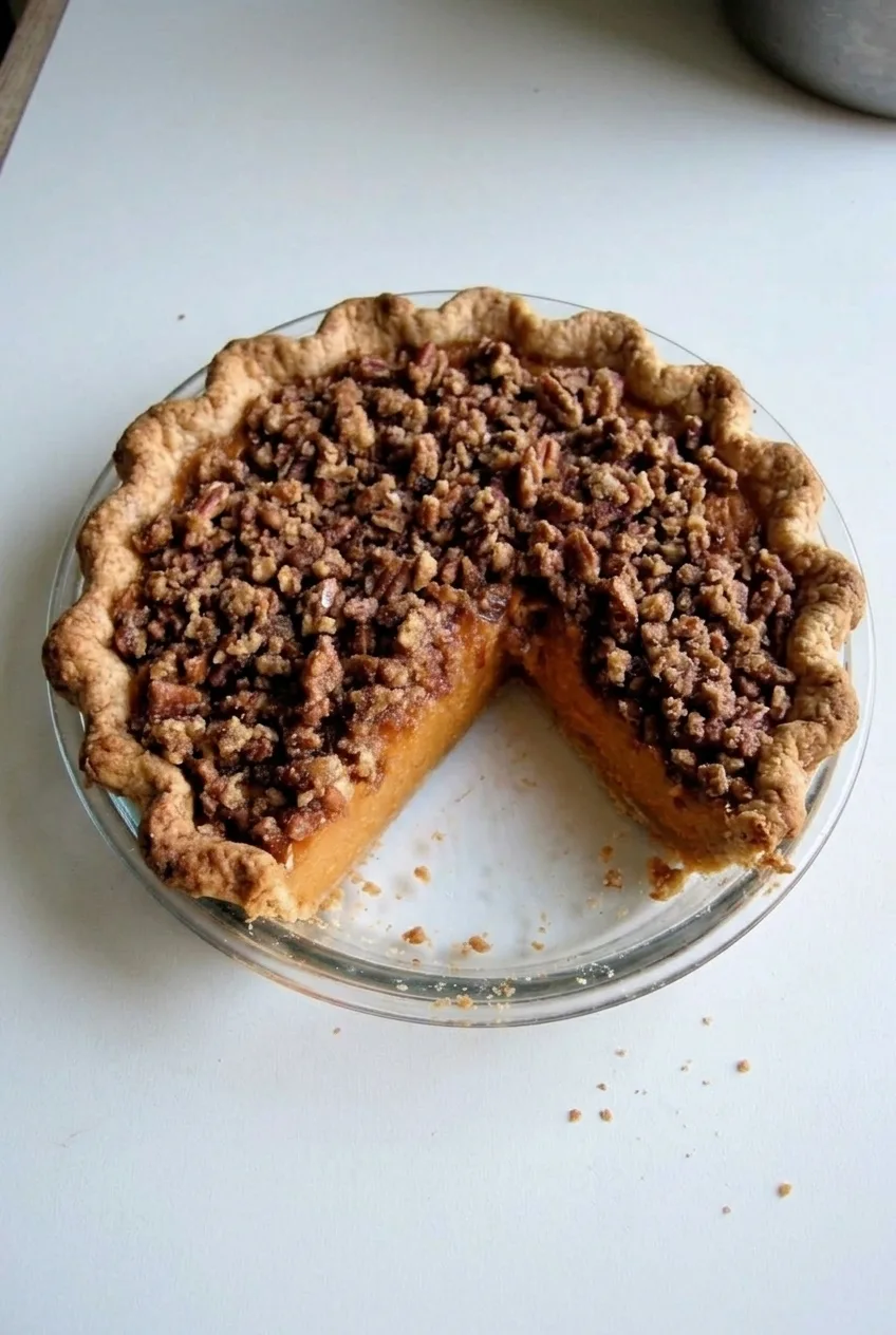 Whole pecan crunch sweet potato pie in a glass dish with one wedge removed, seen on a light surface