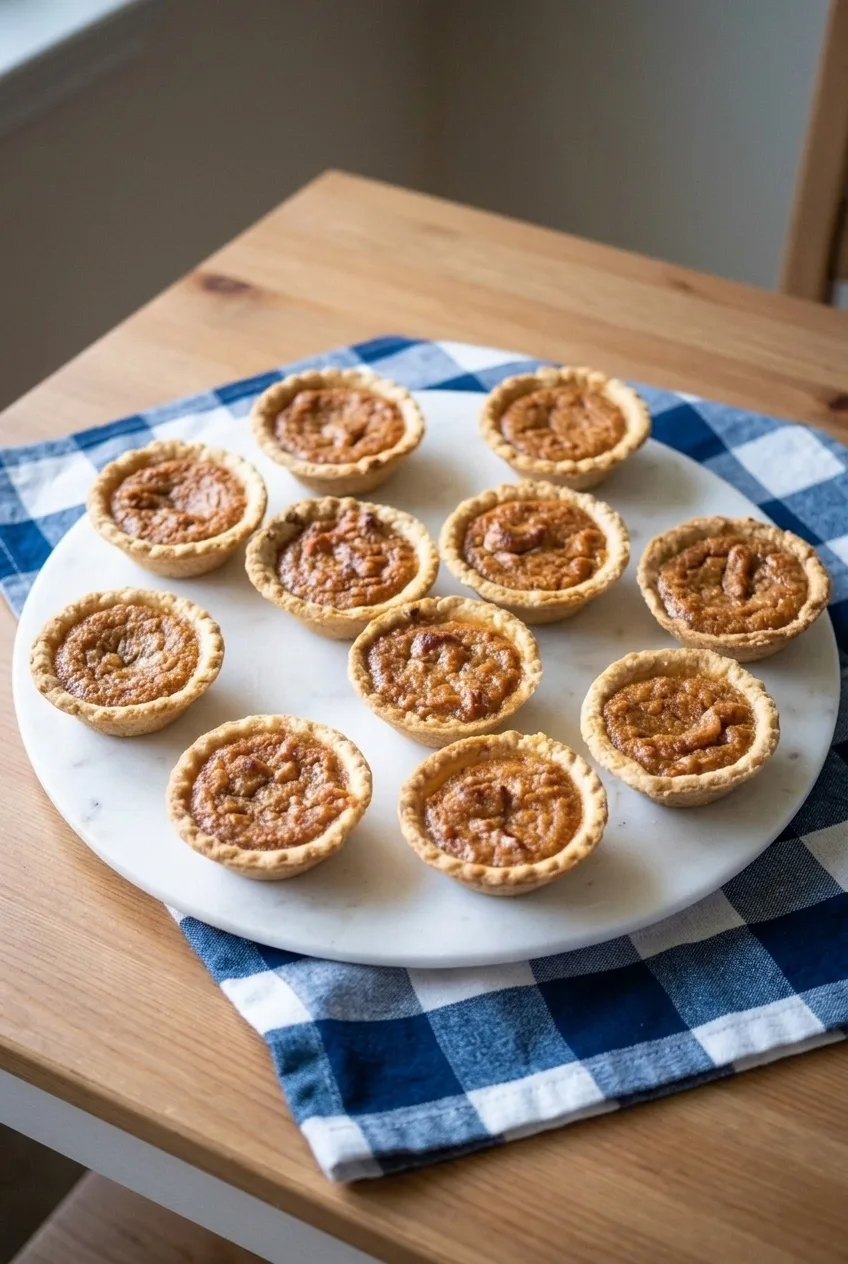 Eight mini sweet potato pies arranged on a white platter over a blue-and-white checked cloth