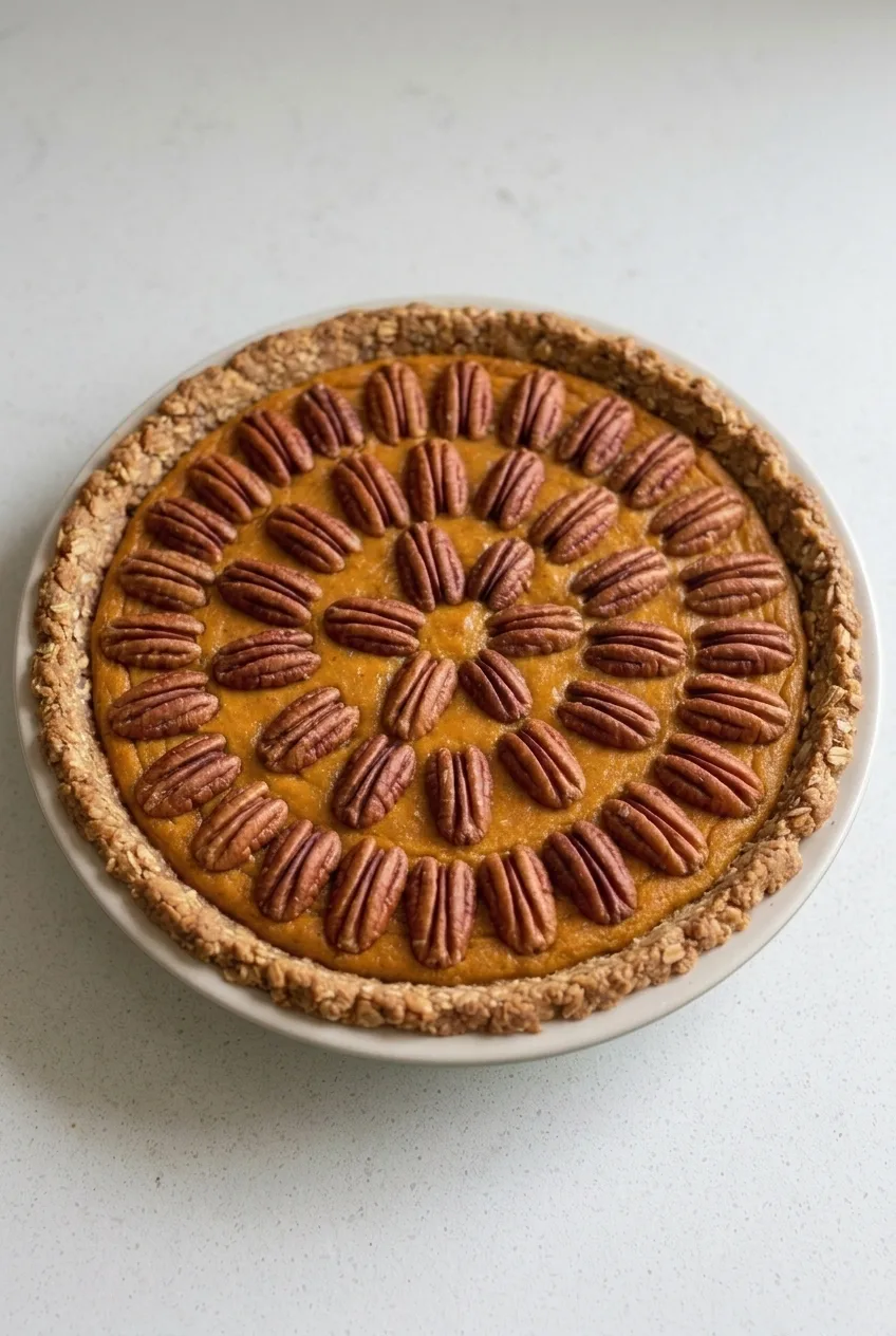 Whole pecan-topped sweet potato pie in its plate on a pale surface, viewed from farther back