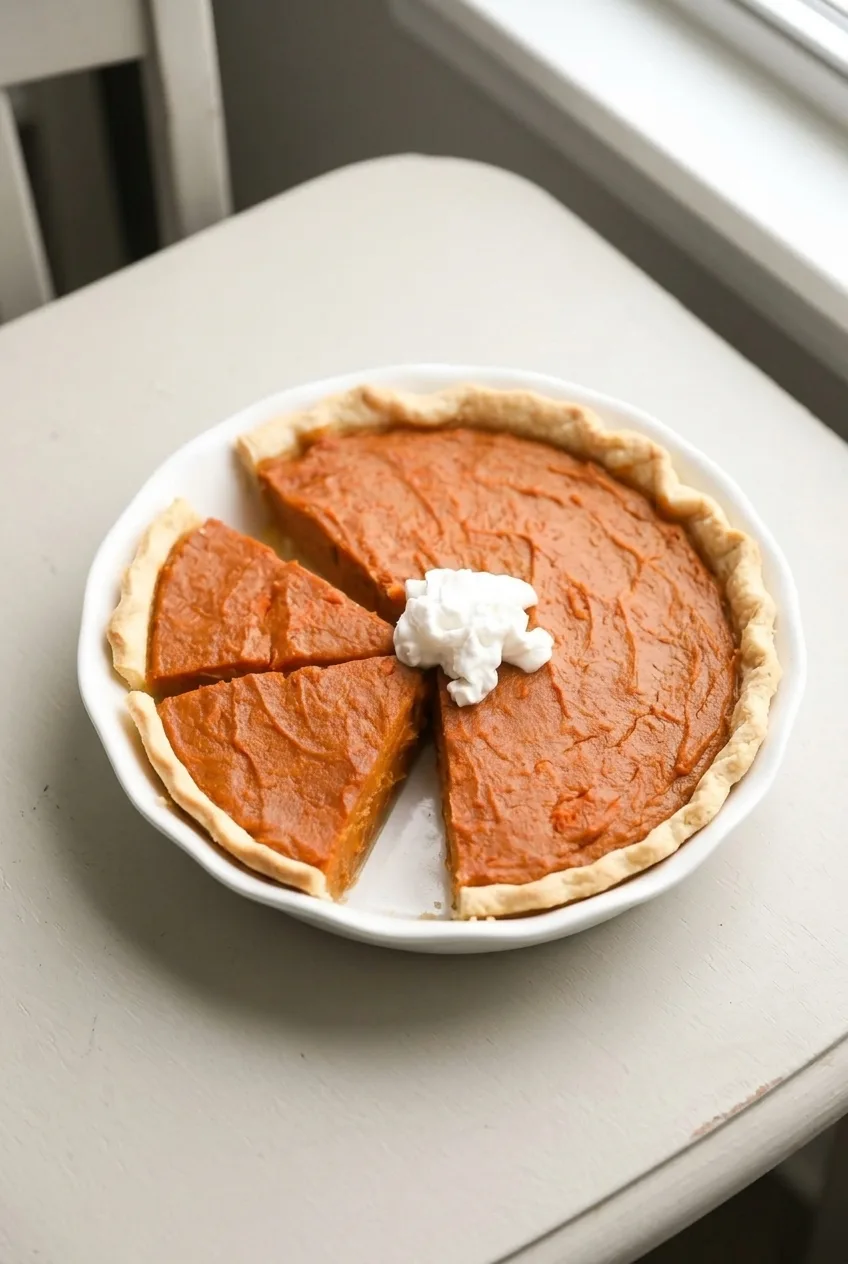 Full vegan sweet potato pie on a white plate, cut into wedges with one slice slightly separated