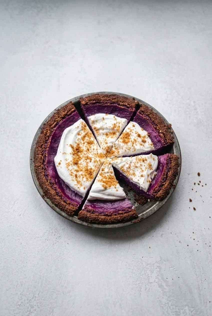 Whole purple sweet potato pie with visible wedge cuts, centered on a neutral tabletop
