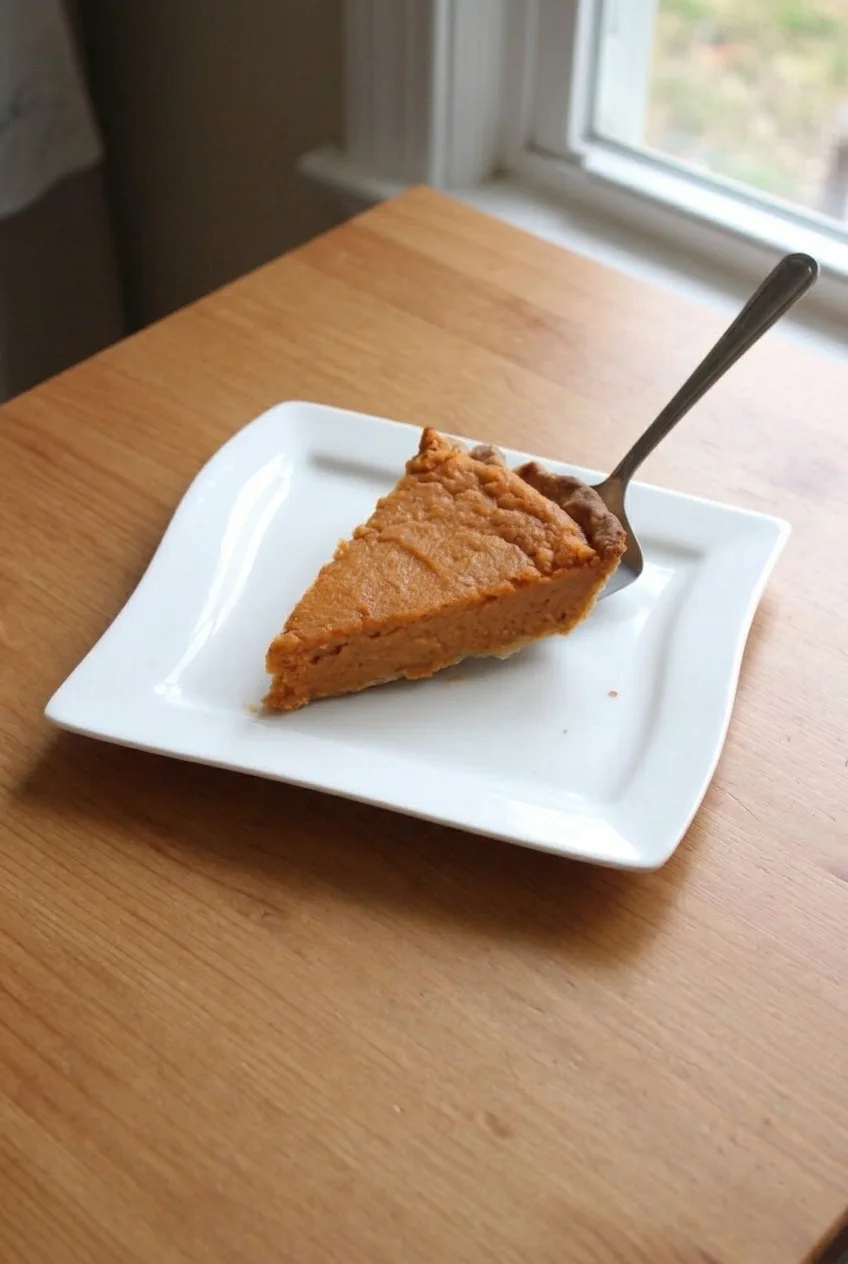 Wider view of a plain sweet potato pie slice centered on a white square plate