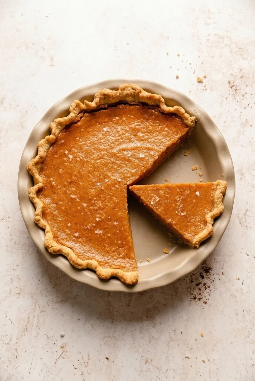 Full maple sweet potato pie with a separated wedge, seen in its fluted dish on a pale tabletop
