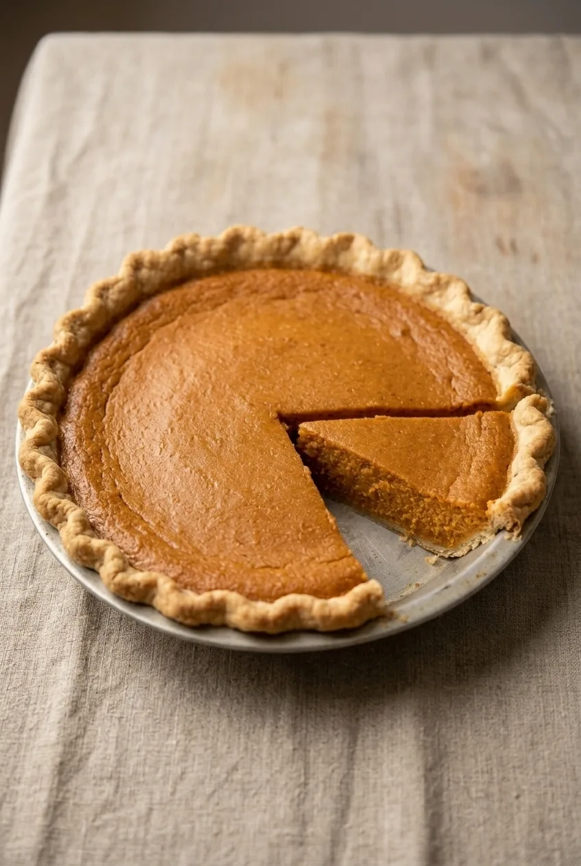 Nearly complete sweet potato pie in its pie plate on a plain table, with one wedge slightly separated