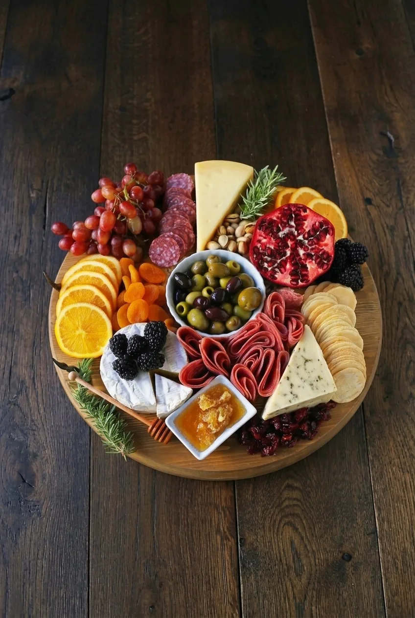 Complete meat and cheese charcuterie board on a wooden table, surrounded by open tabletop
