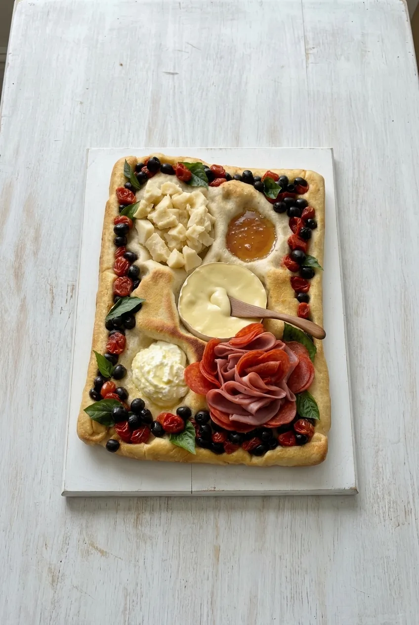 Complete focaccia charcuterie board on a rectangular tray with tabletop visible around it