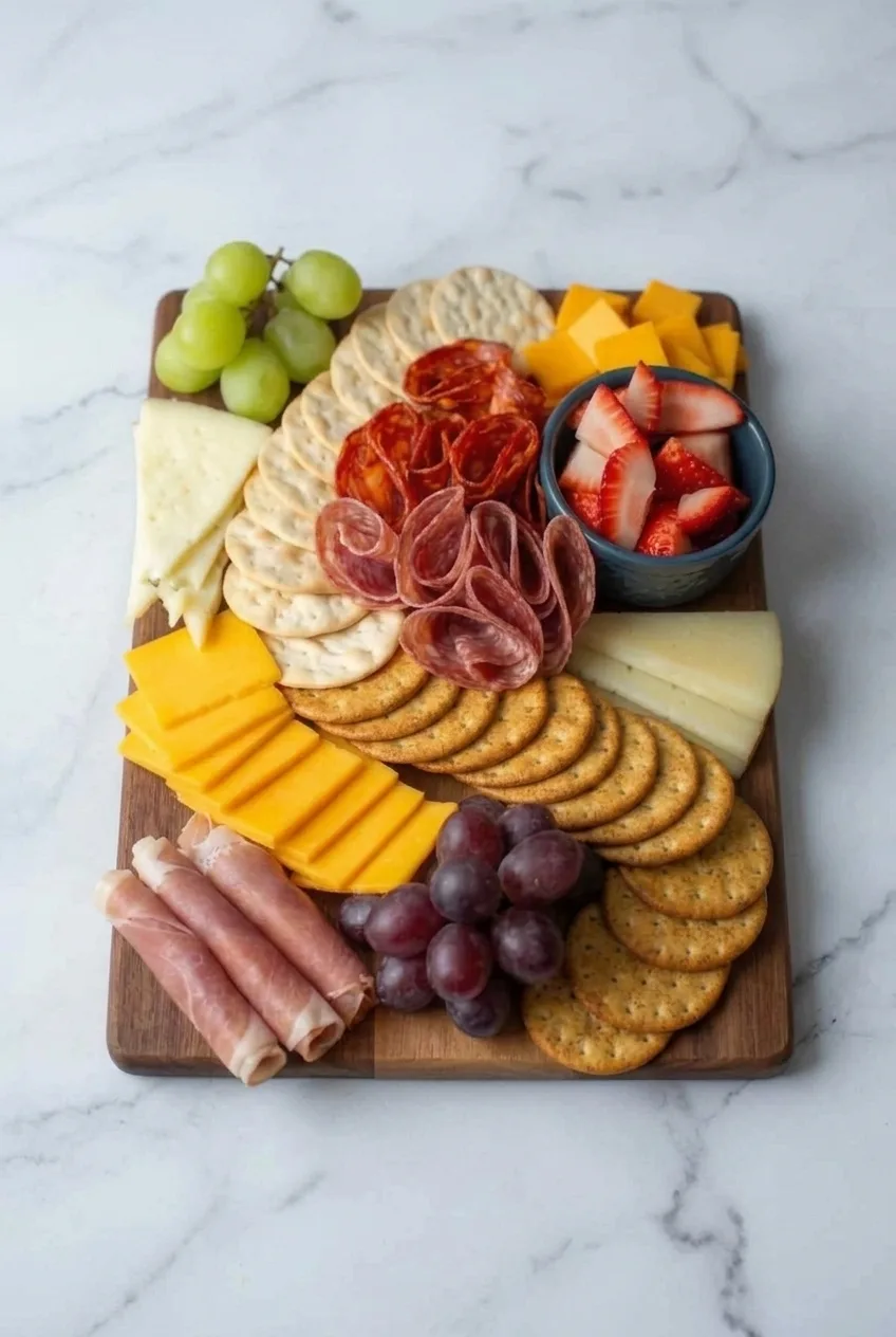 Full wooden charcuterie board with crackers, meats, cheeses, grapes, and a strawberry bowl on a pale countertop