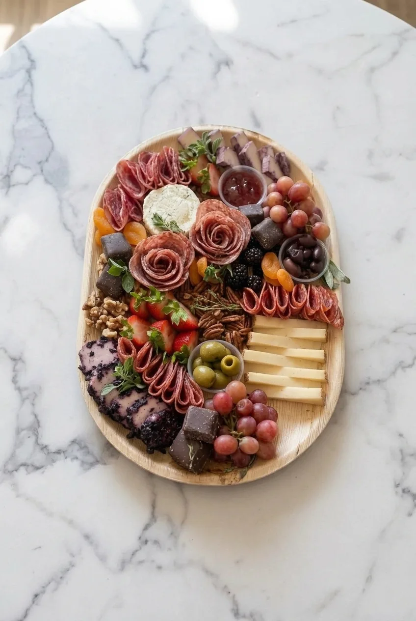 Complete charcuterie board on pale stone with salami roses, cheeses, fruit, olives and jam