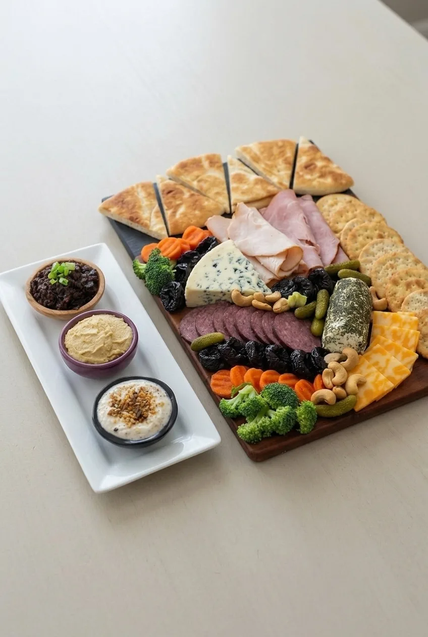 Complete charcuterie board for two and separate three-dip plate on a tabletop