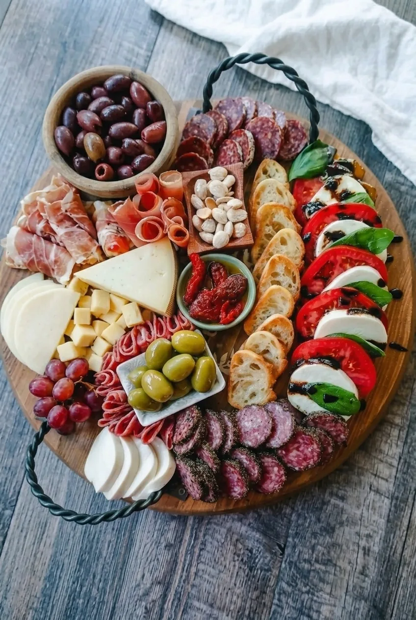 Complete round Italian charcuterie board on a dark table, with Caprese and crostini rows visible