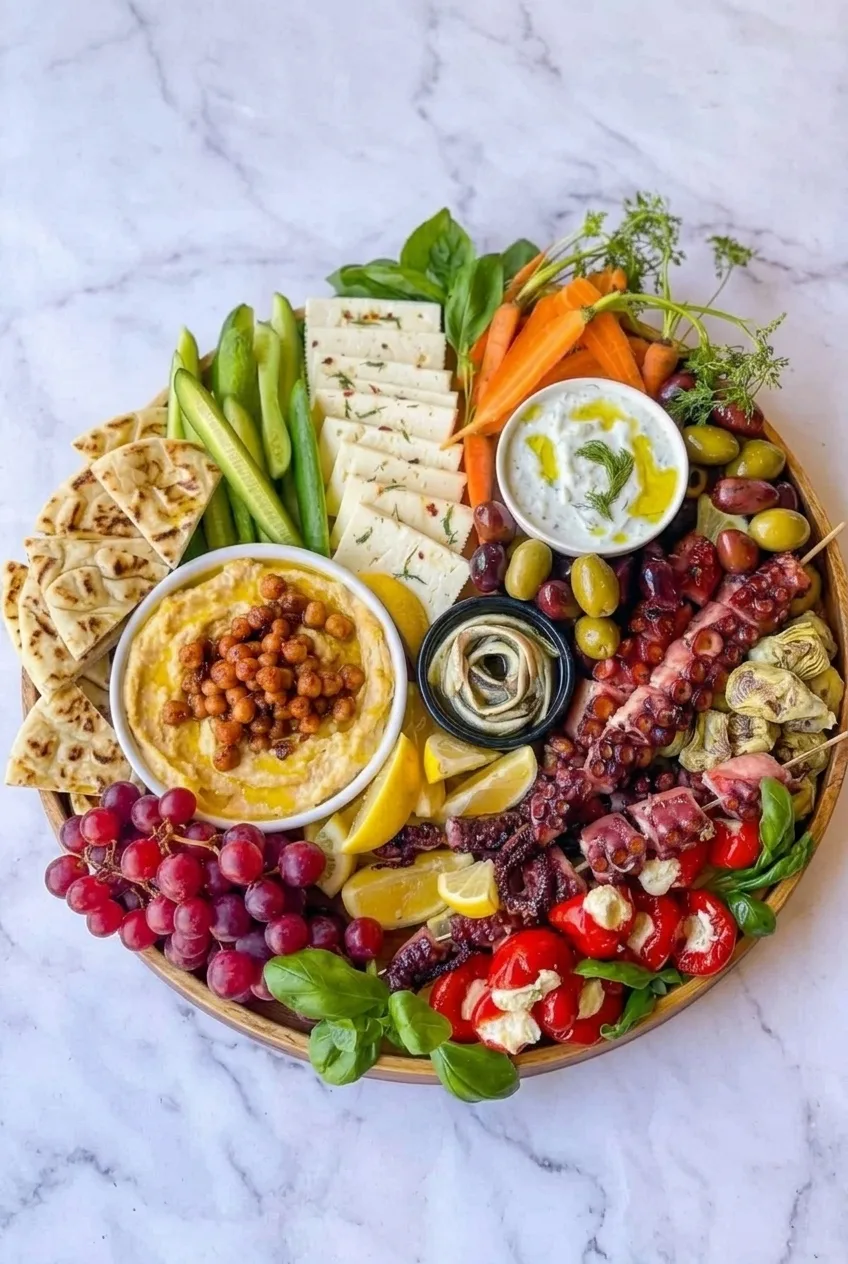 Full Mediterranean charcuterie board centered on a pale countertop, with octopus, dips, pita, and produce
