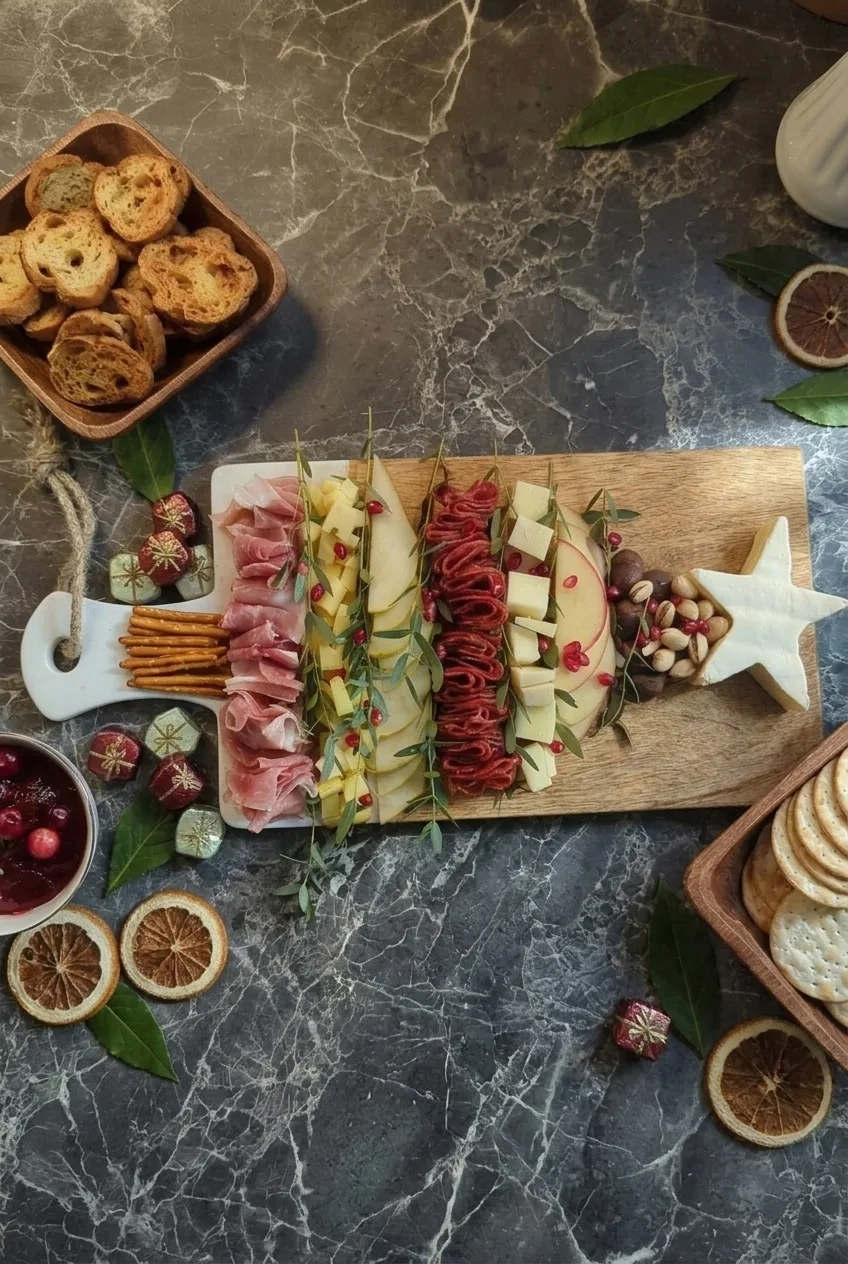 Complete Christmas tree charcuterie board with crackers and cranberry sauce served alongside