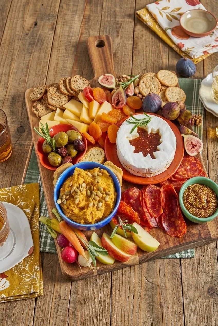 Full wooden Thanksgiving charcuterie board with separate bowls and clusters of meat, cheese, fruit, and crackers