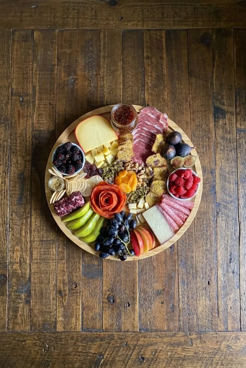 Complete round fall charcuterie board on a dark wooden table, with fruit, cheeses, meats, and crackers visible