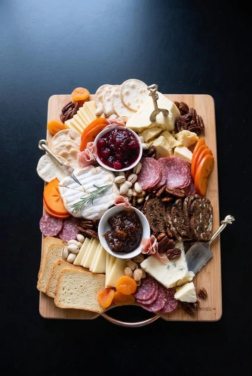 Complete winter cheese board on a wooden board, with four cheeses, fruit, preserves, crackers, and cured meats.