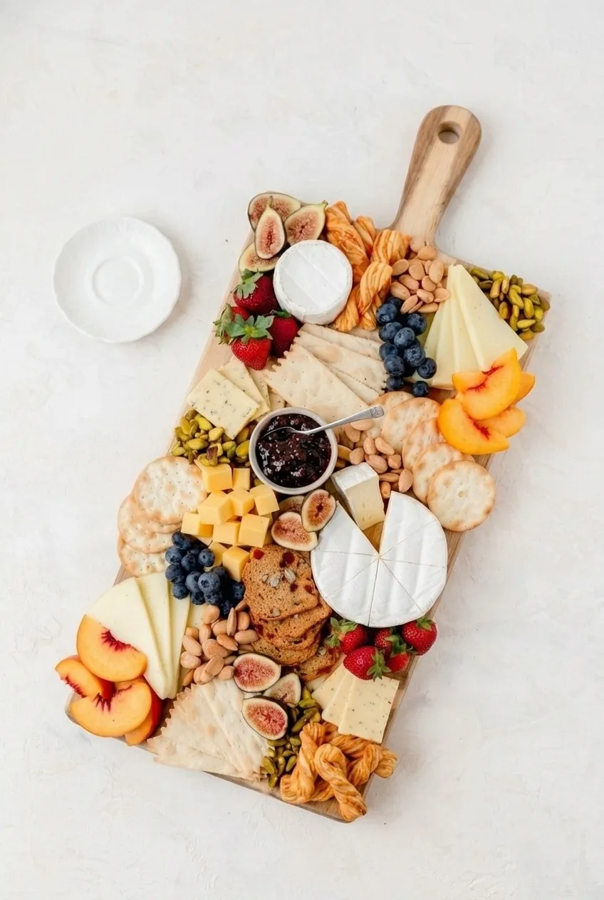 Complete summer fruit-and-cheese board on a wooden platter, viewed from farther back