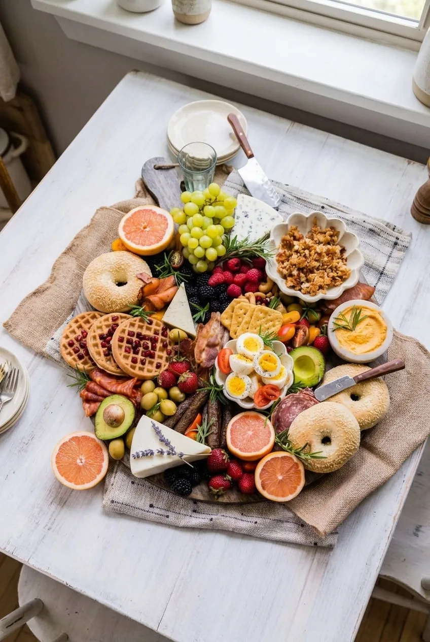 Complete round brunch charcuterie board on a pale table with neutral linen visible around it
