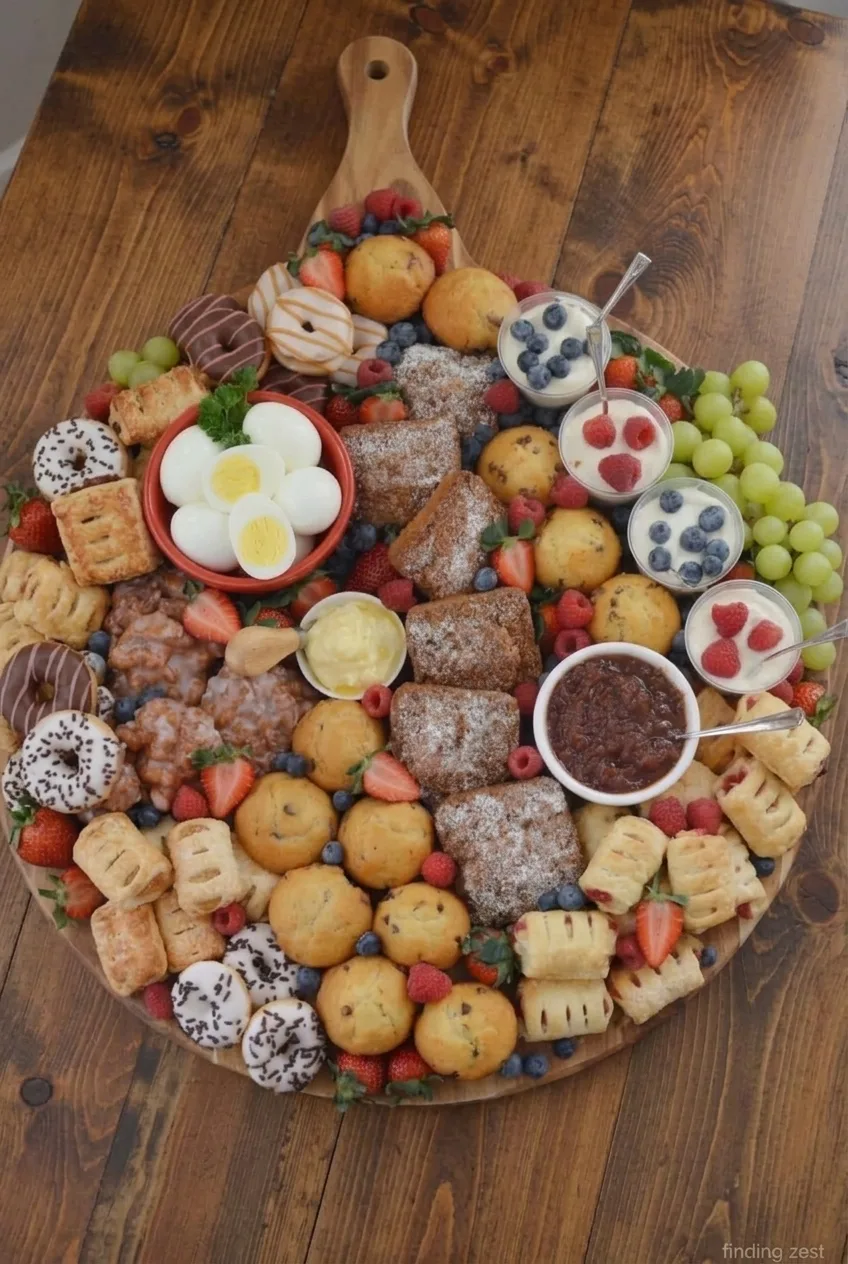 Complete breakfast charcuterie board on a wooden table, surrounded by space for serving