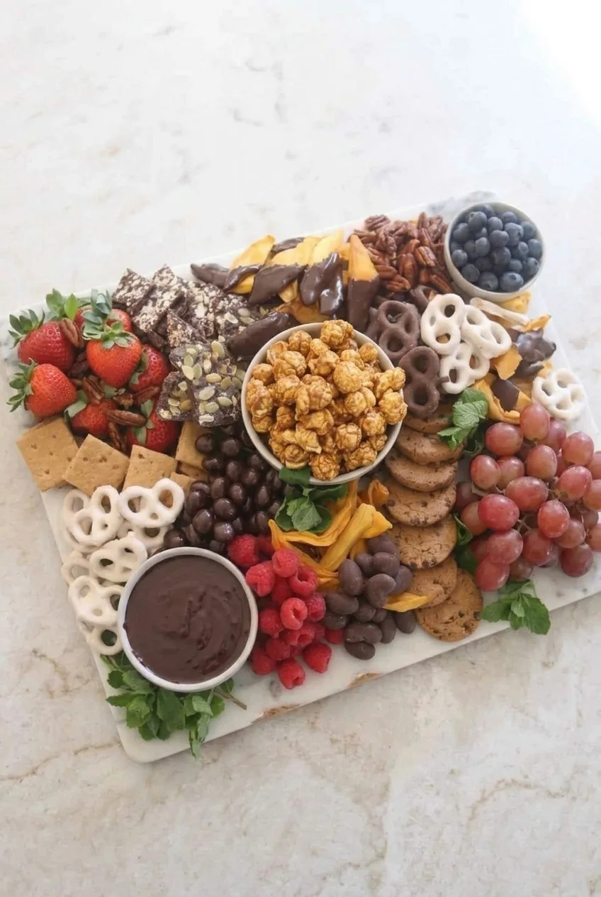 Full dessert charcuterie board on a light platter, surrounded by a simple neutral tabletop