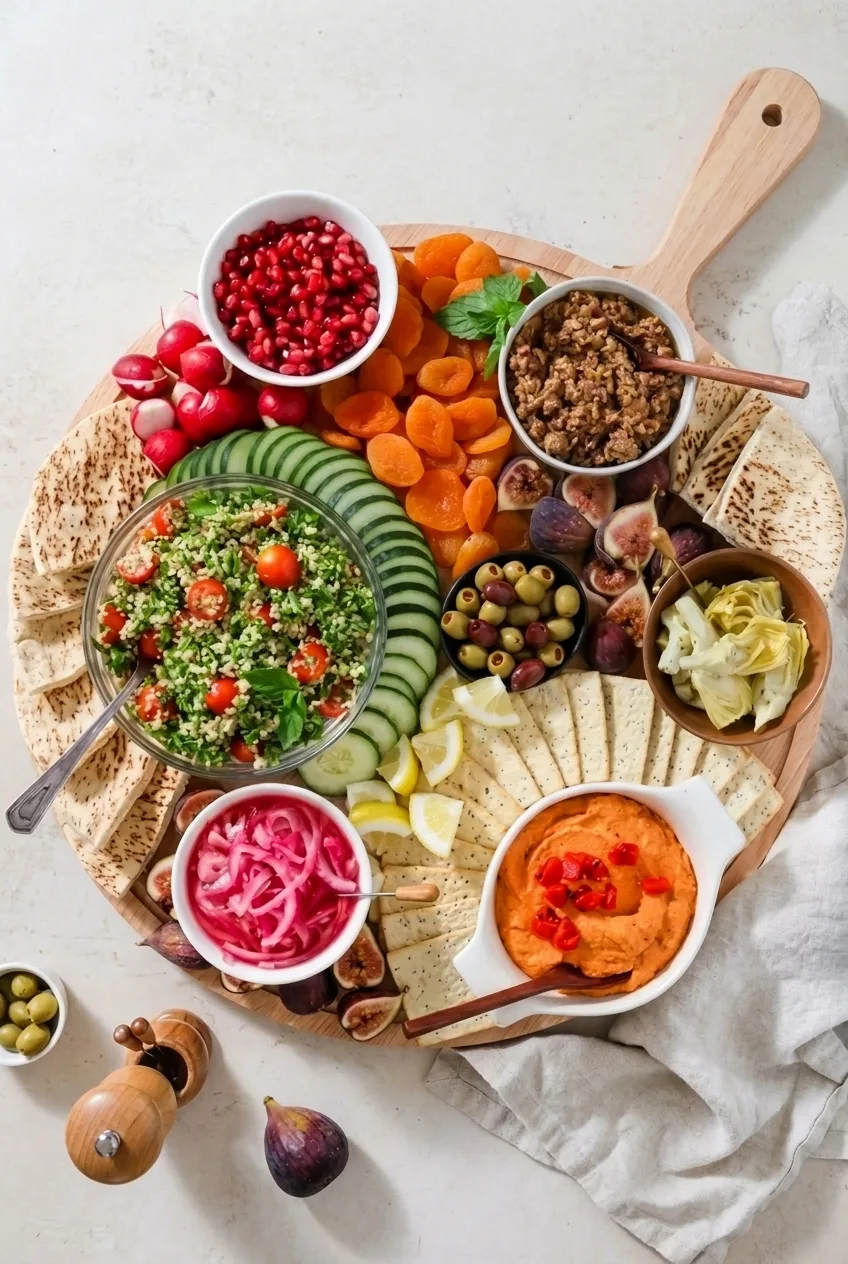 Full vegetarian charcuterie board on a round wooden platter with neutral tabletop visible around it
