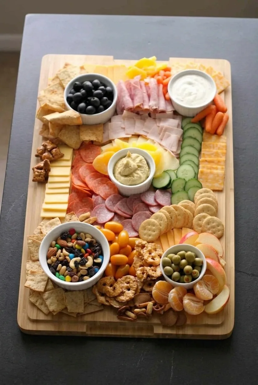 Complete birthday party charcuterie board on a wooden board with five white bowls and assorted snacks