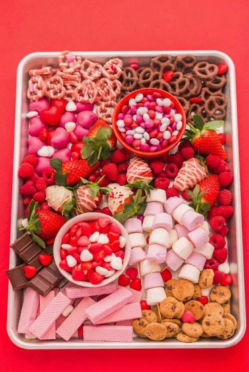 Complete Valentine's Day dessert tray with two candy bowls and distinct sweet clusters on a red surface