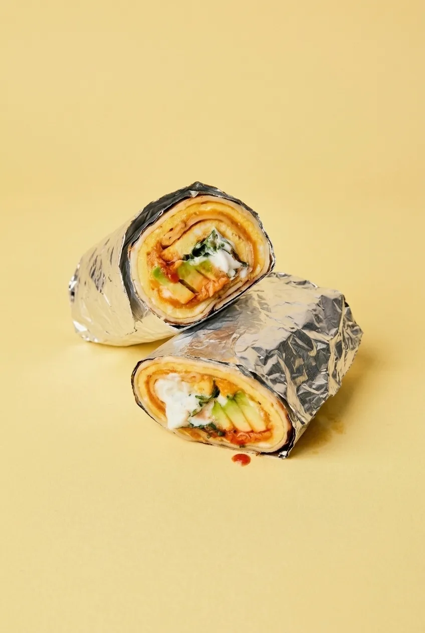 Two cut breakfast burrito halves in foil on a plain pale-yellow surface