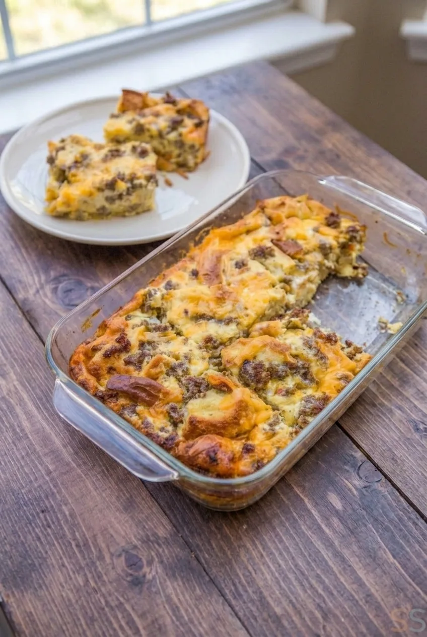 Full glass dish of golden sausage egg and cheese casserole with a portion on a plate behind it
